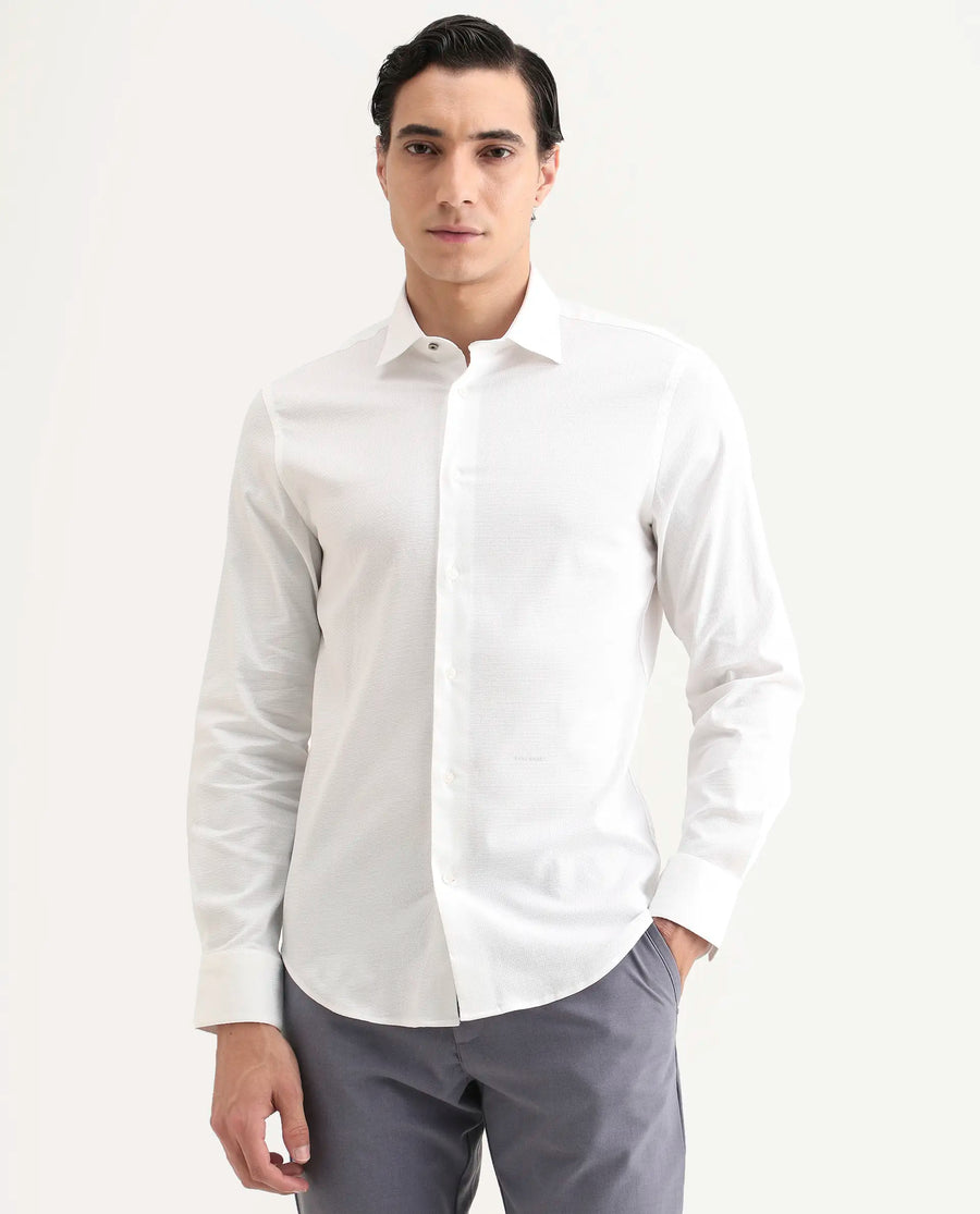 Rare Rabbit Men's Garahs White Cotton Blend Fabric Full Sleeve Regular Fit Plain Shirt