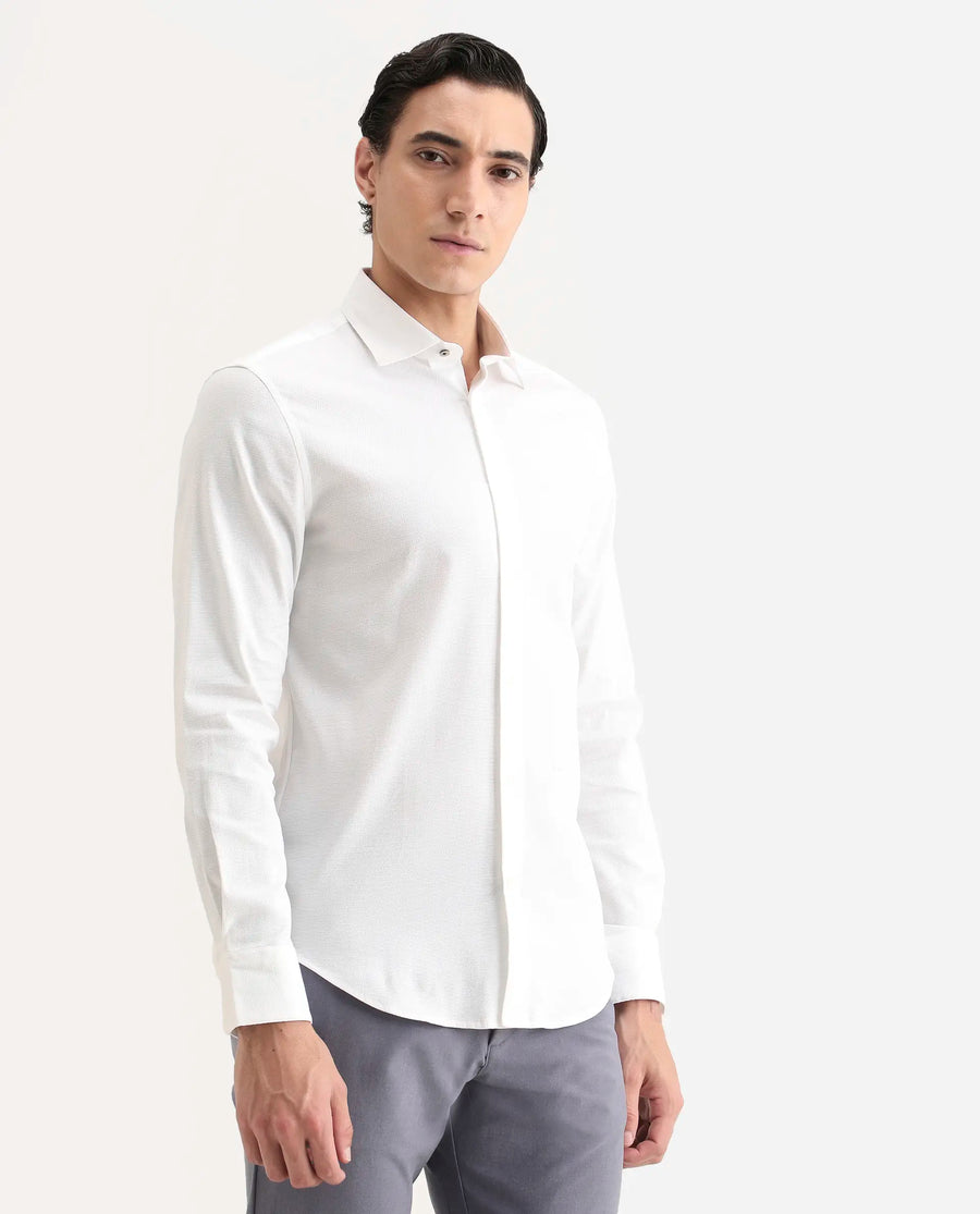 Rare Rabbit Men's Garahs White Cotton Blend Fabric Full Sleeve Regular Fit Plain Shirt