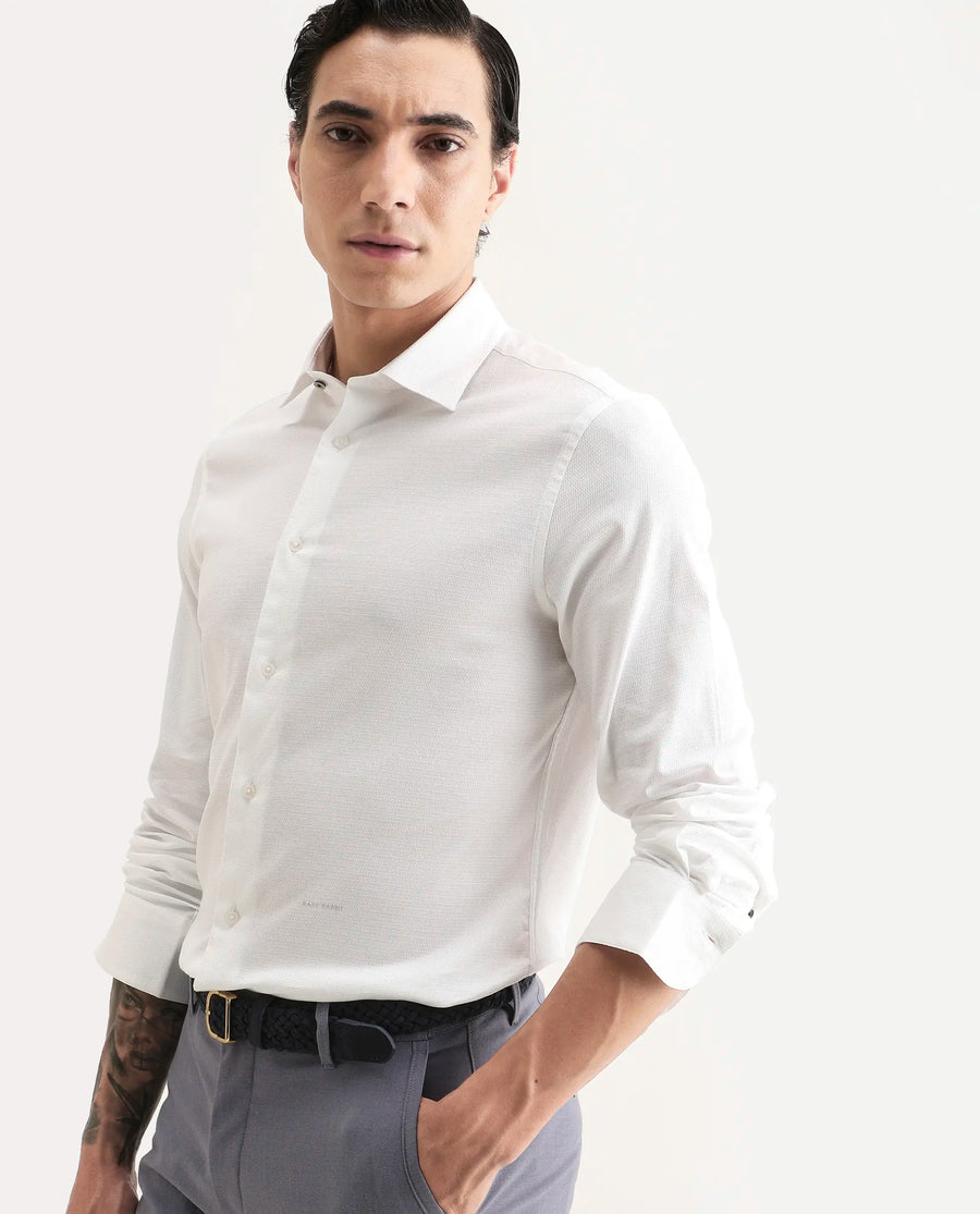 Rare Rabbit Men's Garahs White Cotton Blend Fabric Full Sleeve Regular Fit Plain Shirt