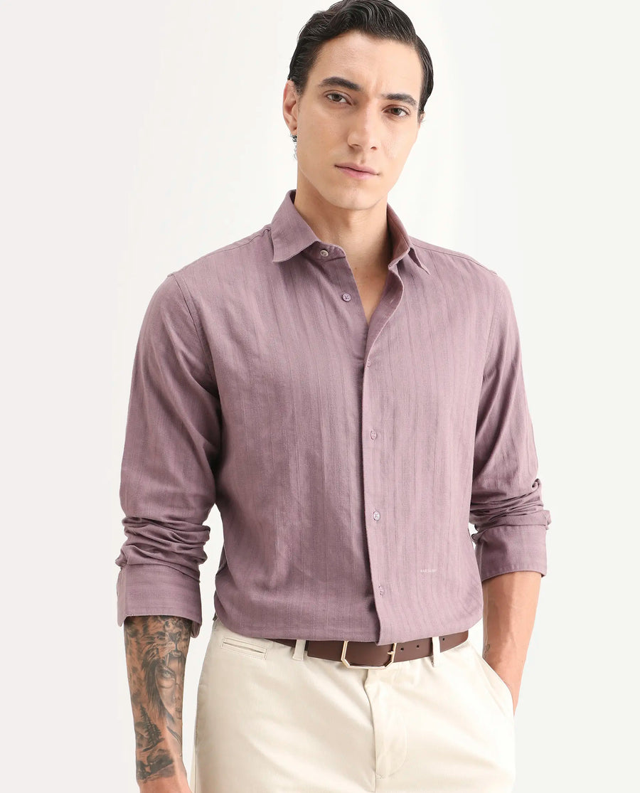 Rare Rabbit Men's Laver Dusky Pink Cotton Fabric Full Sleeve Regular Fit Textured Shirt