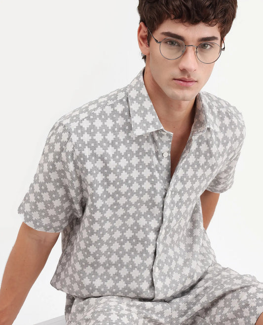 Rare Rabbit Men's Rance Off White Cotton Fabric Half Sleeve Regular Fit Geometric Print Shirt