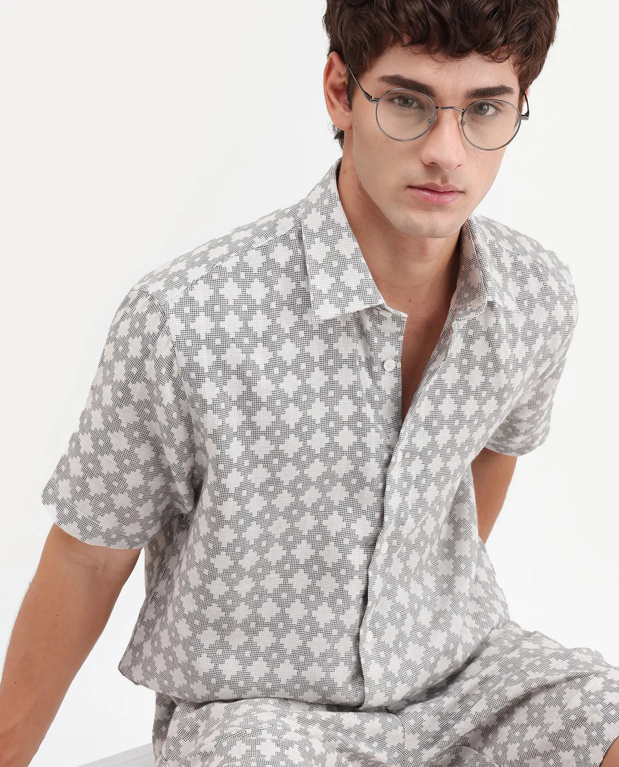 Rare Rabbit Men's Rance Off White Cotton Fabric Half Sleeve Regular Fit Geometric Print Shirt