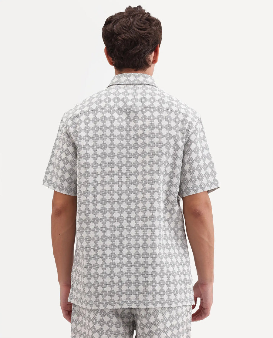 Rare Rabbit Men's Rance Off White Cotton Fabric Half Sleeve Regular Fit Geometric Print Shirt