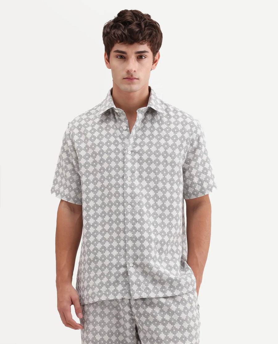 Rare Rabbit Men's Rance Off White Cotton Fabric Half Sleeve Regular Fit Geometric Print Shirt
