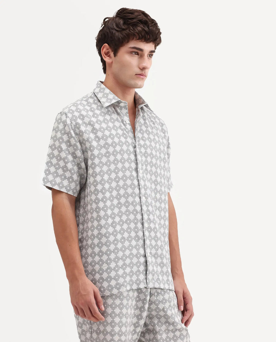 Rare Rabbit Men's Rance Off White Cotton Fabric Half Sleeve Regular Fit Geometric Print Shirt