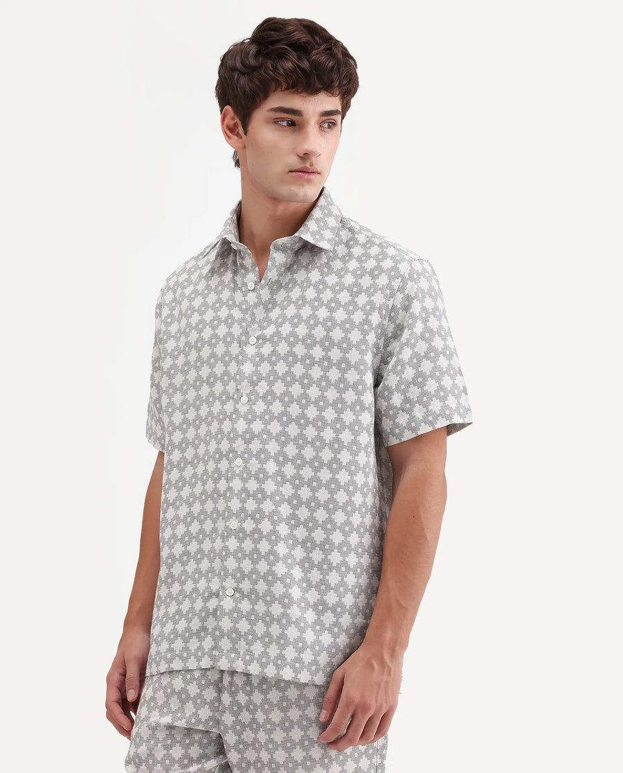 Rare Rabbit Men's Rance Off White Cotton Fabric Half Sleeve Regular Fit Geometric Print Shirt