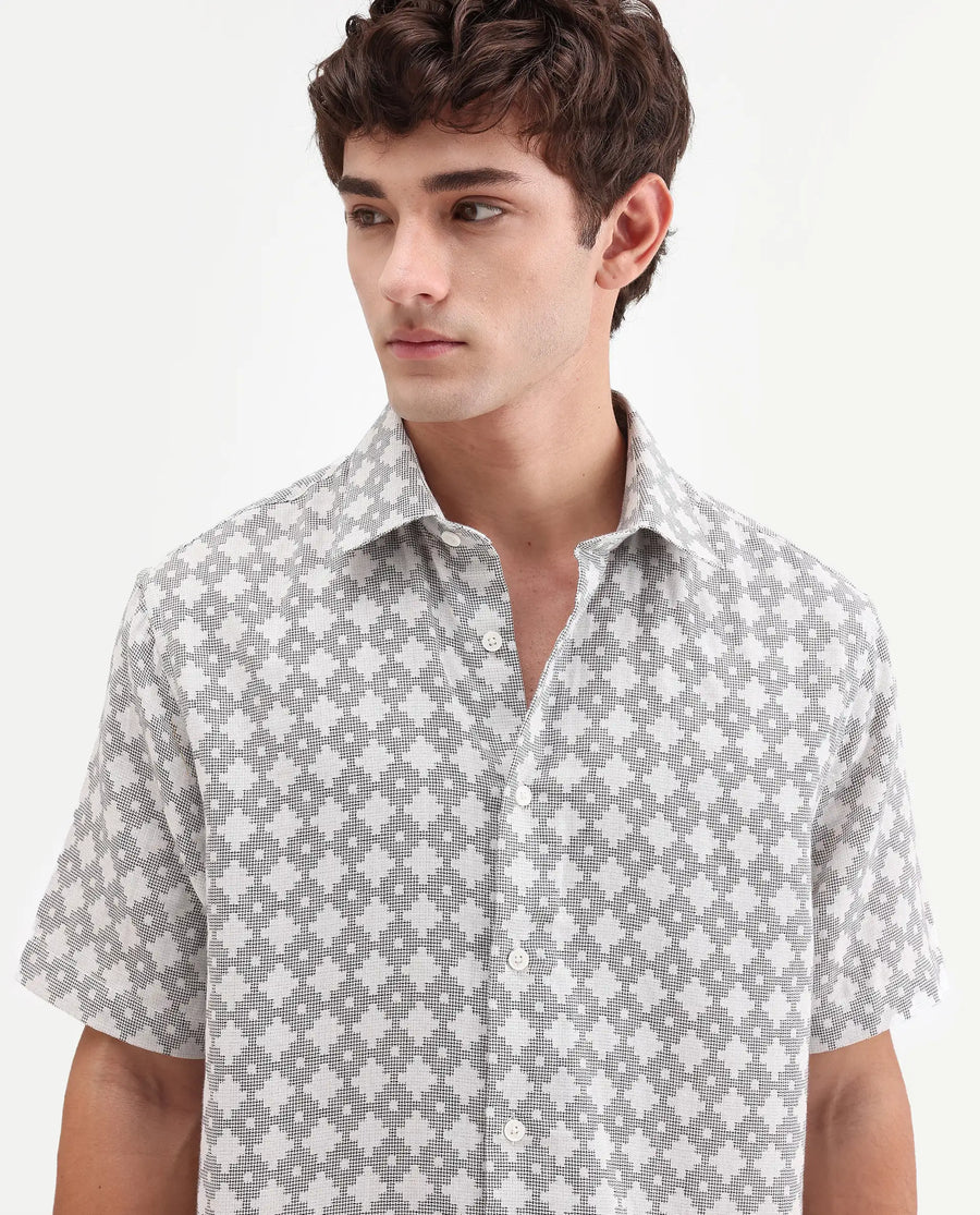 Rare Rabbit Men's Rance Off White Cotton Fabric Half Sleeve Regular Fit Geometric Print Shirt