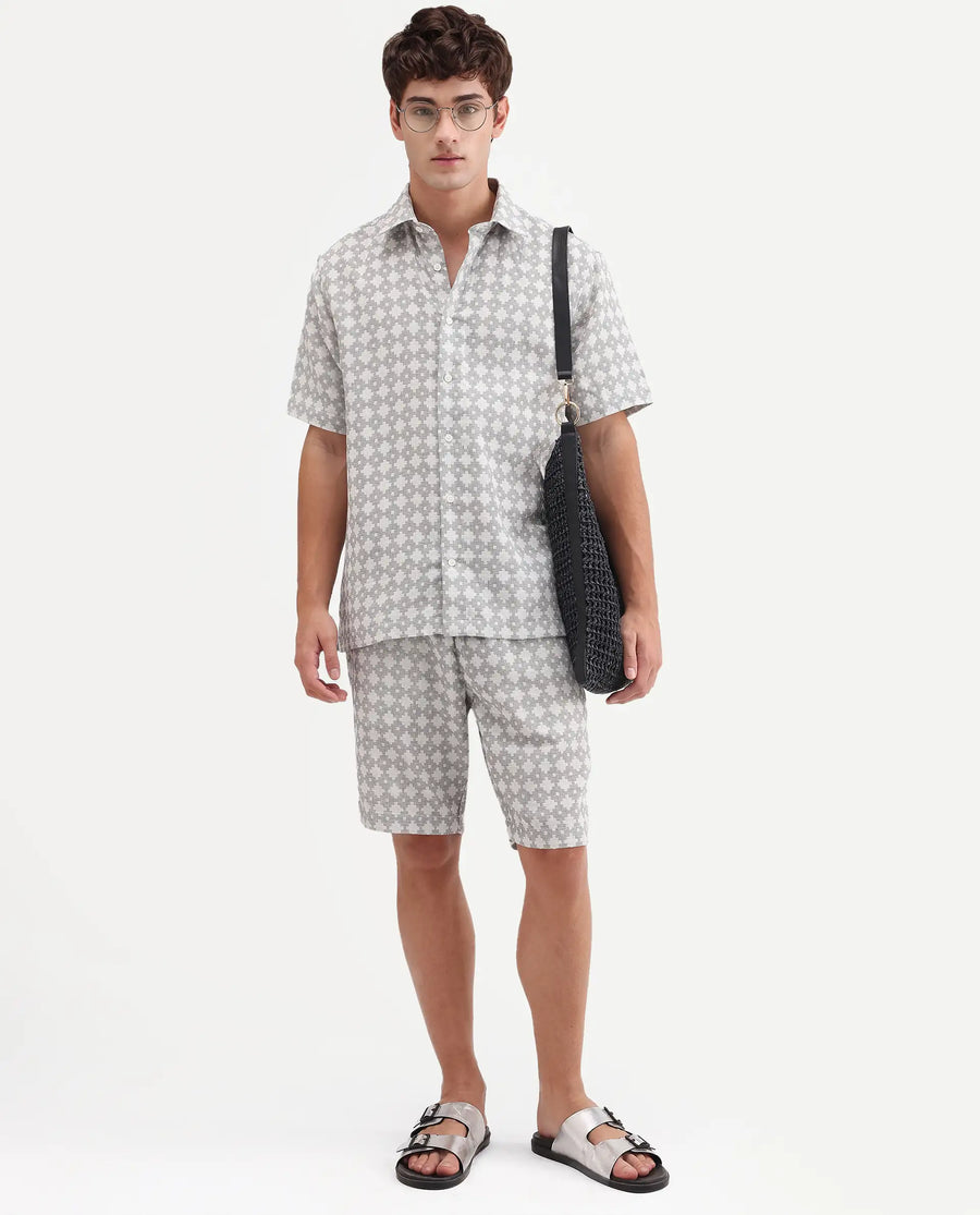 Rare Rabbit Men's Rance Off White Cotton Fabric Half Sleeve Regular Fit Geometric Print Shirt