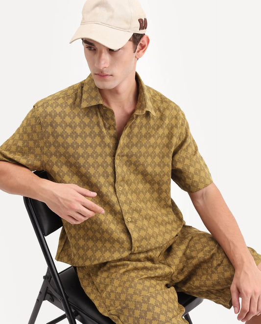 Rare Rabbit Men's Rance Mustard Cotton Fabric Half Sleeve Regular Fit Geometric Print Shirt