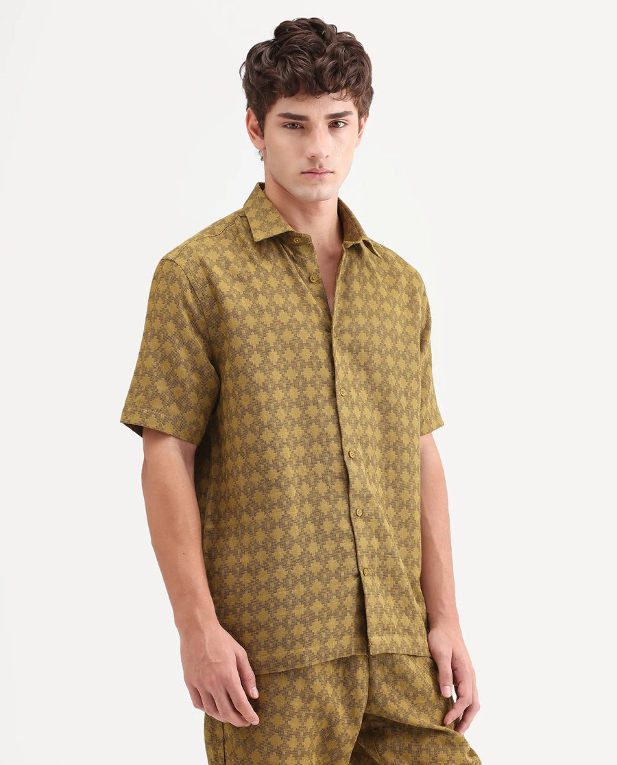 Rare Rabbit Men's Rance Mustard Cotton Fabric Half Sleeve Regular Fit Geometric Print Shirt