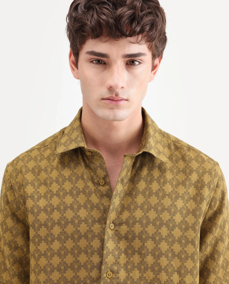 Rare Rabbit Men's Rance Mustard Cotton Fabric Half Sleeve Regular Fit Geometric Print Shirt