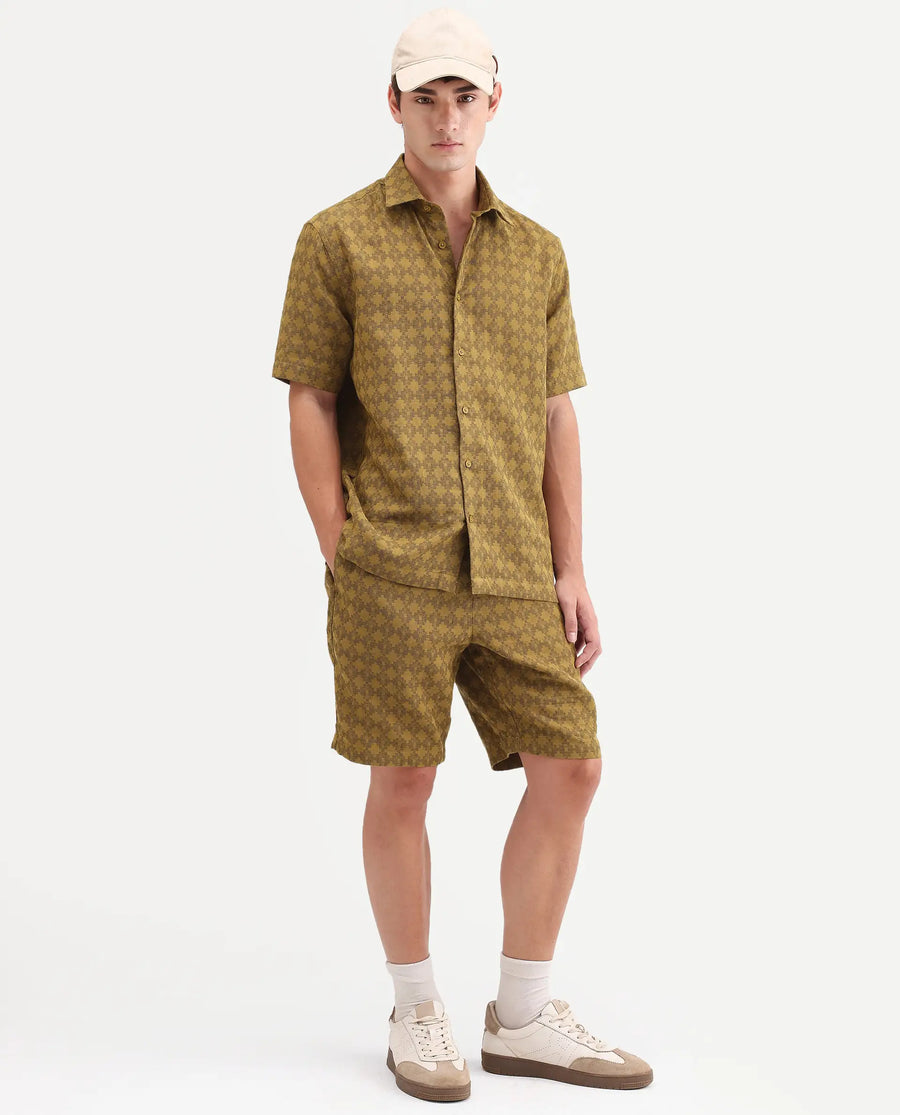 Rare Rabbit Men's Rance Mustard Cotton Fabric Half Sleeve Regular Fit Geometric Print Shirt