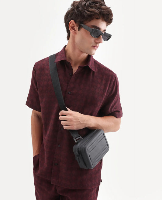 Rare Rabbit Men's Rance Dark Red Cotton Fabric Half Sleeve Regular Fit Geometric Print Shirt