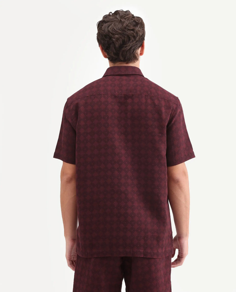 Rare Rabbit Men's Rance Dark Red Cotton Fabric Half Sleeve Regular Fit Geometric Print Shirt