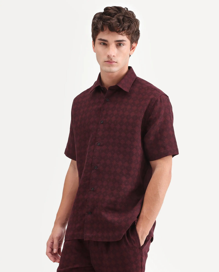 Rare Rabbit Men's Rance Dark Red Cotton Fabric Half Sleeve Regular Fit Geometric Print Shirt