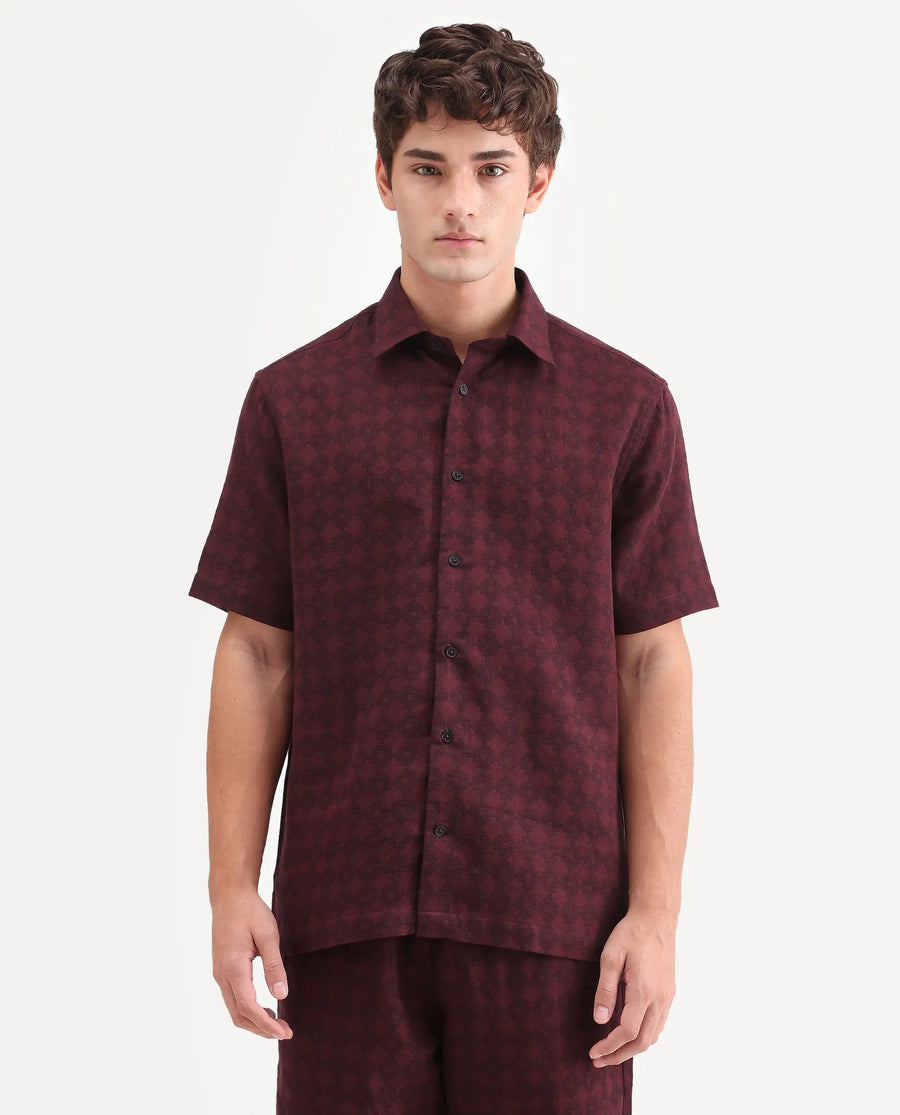 Rare Rabbit Men's Rance Dark Red Cotton Fabric Half Sleeve Regular Fit Geometric Print Shirt