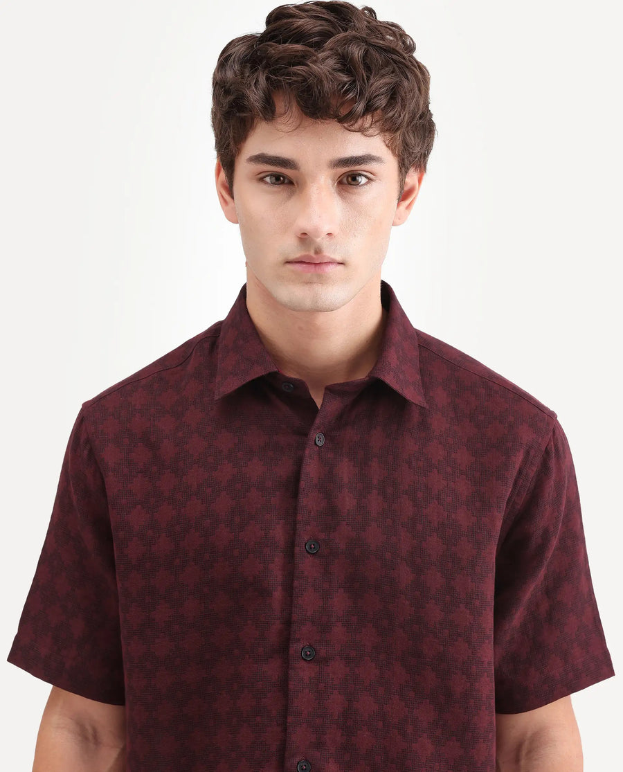 Rare Rabbit Men's Rance Dark Red Cotton Fabric Half Sleeve Regular Fit Geometric Print Shirt