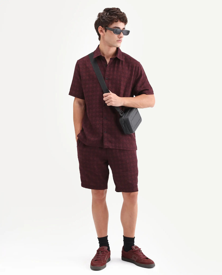 Rare Rabbit Men's Rance Dark Red Cotton Fabric Half Sleeve Regular Fit Geometric Print Shirt