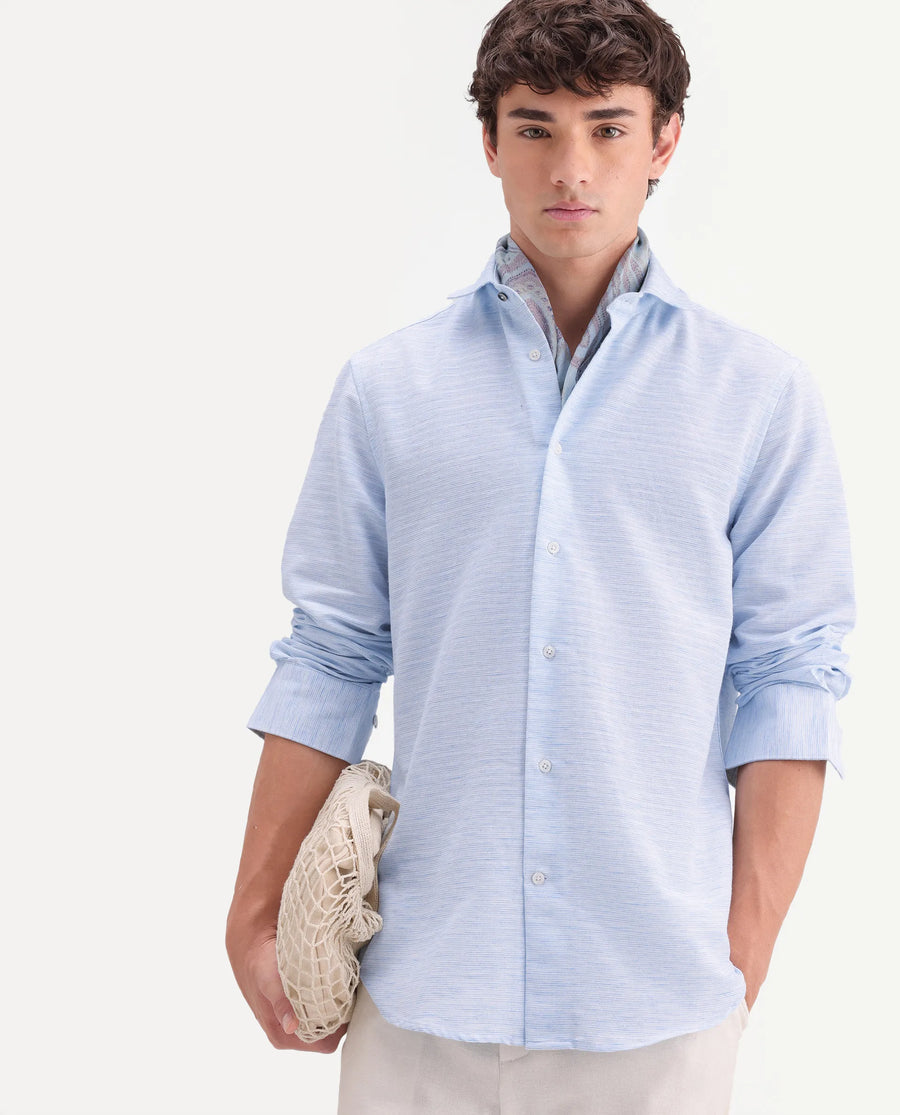 Rare Rabbit Men's Frit Blue Cotton Blend Fabric Full Sleeve Regular Fit Textured Shirt