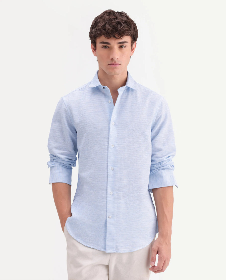 Rare Rabbit Men's Frit Blue Cotton Blend Fabric Full Sleeve Regular Fit Textured Shirt