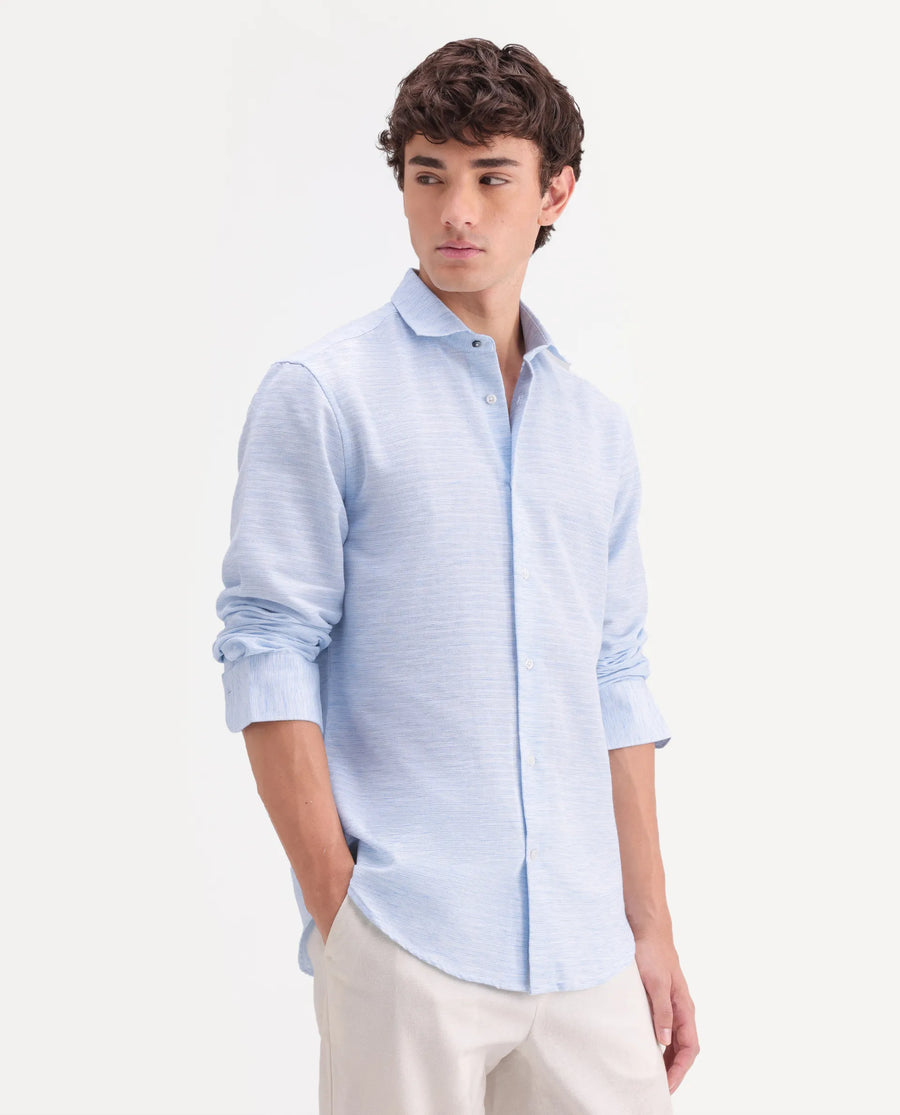Rare Rabbit Men's Frit Blue Cotton Blend Fabric Full Sleeve Regular Fit Textured Shirt