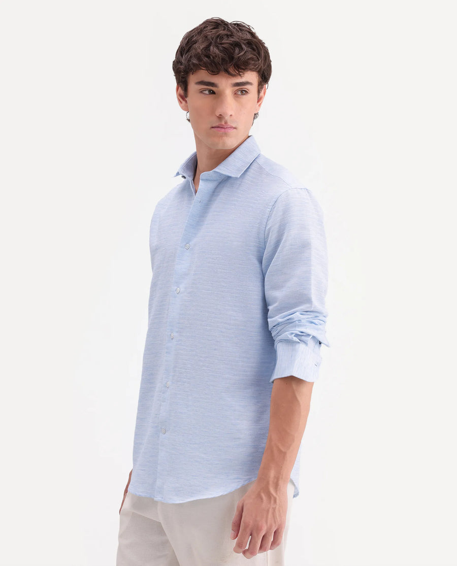 Rare Rabbit Men's Frit Blue Cotton Blend Fabric Full Sleeve Regular Fit Textured Shirt