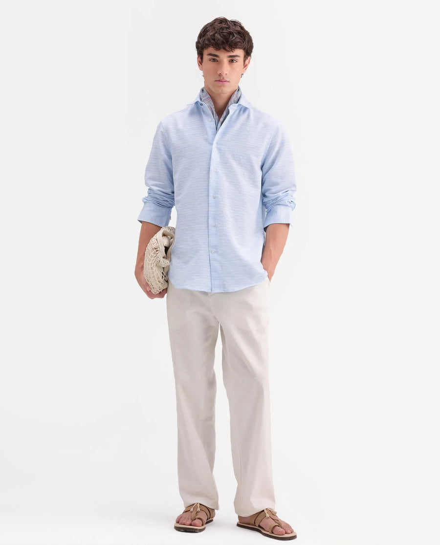 Rare Rabbit Men's Frit Blue Cotton Blend Fabric Full Sleeve Regular Fit Textured Shirt
