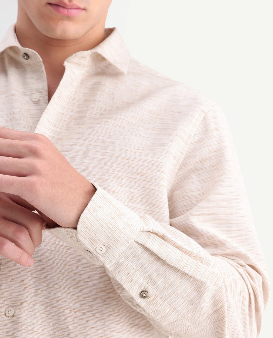 Rare Rabbit Men's Frit Beige Cotton Blend Fabric Full Sleeve Regular Fit Textured Shirt
