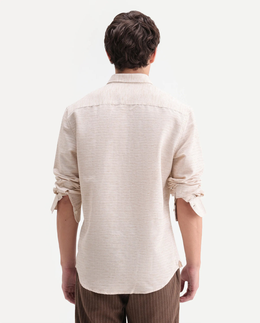 Rare Rabbit Men's Frit Beige Cotton Blend Fabric Full Sleeve Regular Fit Textured Shirt