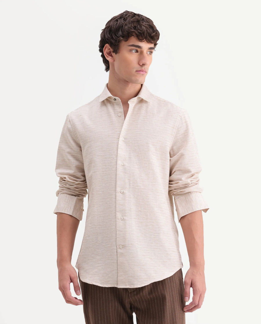 Rare Rabbit Men's Frit Beige Cotton Blend Fabric Full Sleeve Regular Fit Textured Shirt