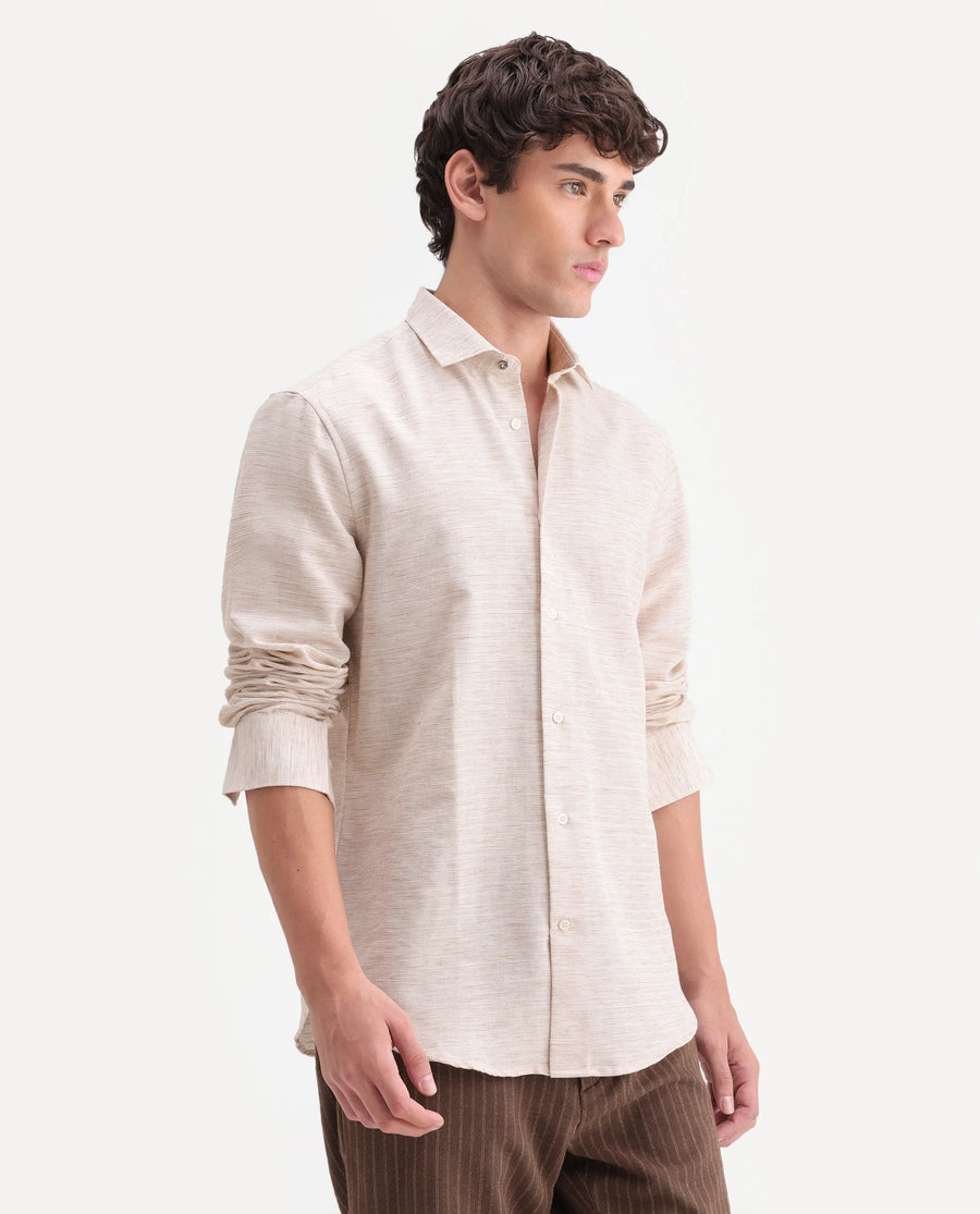Rare Rabbit Men's Frit Beige Cotton Blend Fabric Full Sleeve Regular Fit Textured Shirt