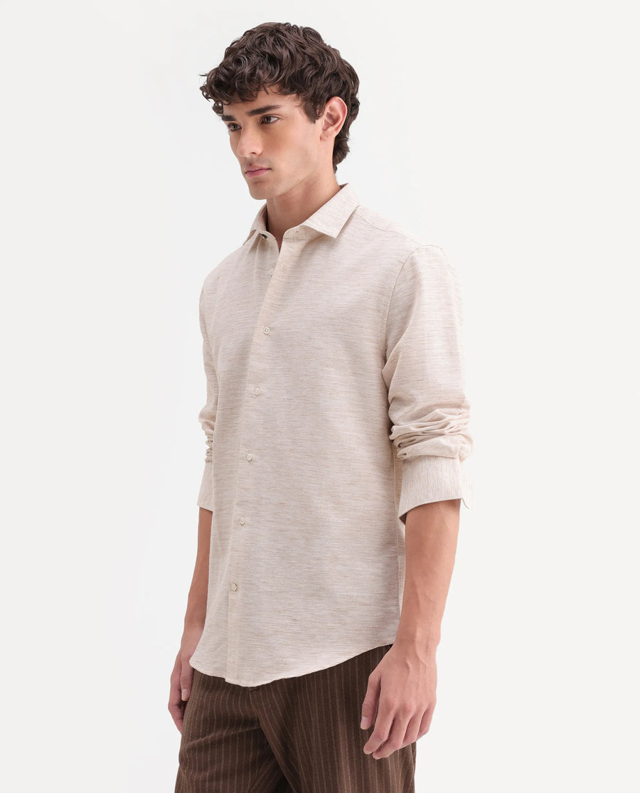 Rare Rabbit Men's Frit Beige Cotton Blend Fabric Full Sleeve Regular Fit Textured Shirt