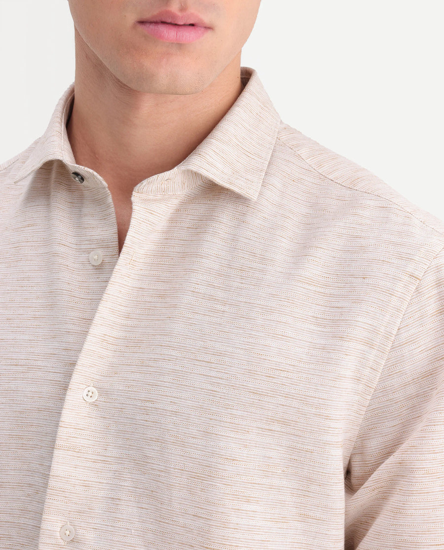 Rare Rabbit Men's Frit Beige Cotton Blend Fabric Full Sleeve Regular Fit Textured Shirt