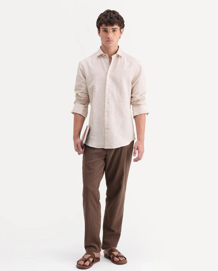 Rare Rabbit Men's Frit Beige Cotton Blend Fabric Full Sleeve Regular Fit Textured Shirt