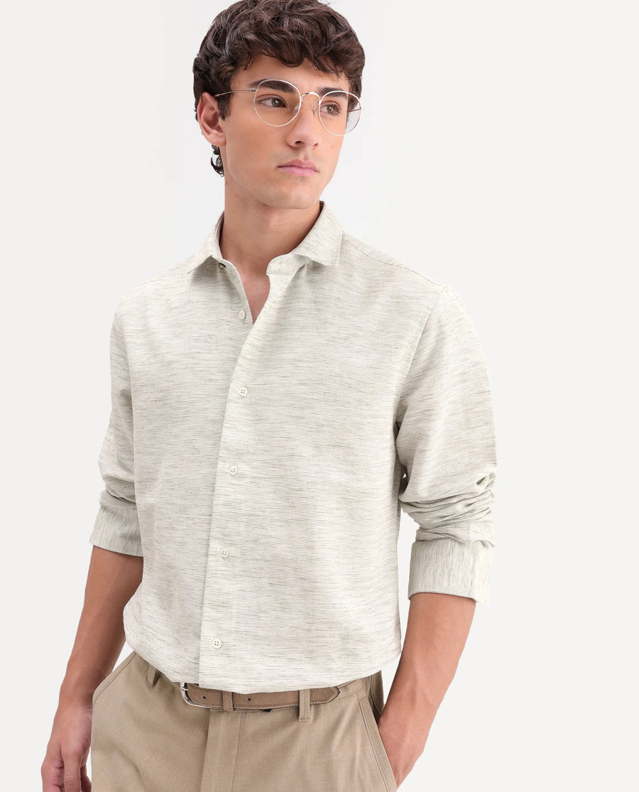 Rare Rabbit Men's Frit Dusky Green Cotton Blend Fabric Full Sleeve Regular Fit Textured Shirt