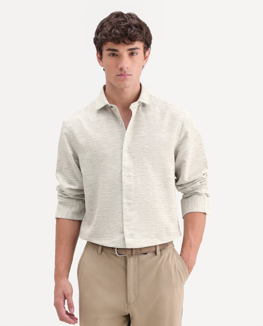 Rare Rabbit Men's Frit Dusky Green Cotton Blend Fabric Full Sleeve Regular Fit Textured Shirt