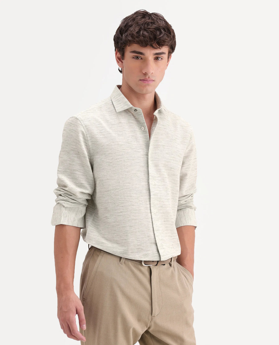 Rare Rabbit Men's Frit Dusky Green Cotton Blend Fabric Full Sleeve Regular Fit Textured Shirt