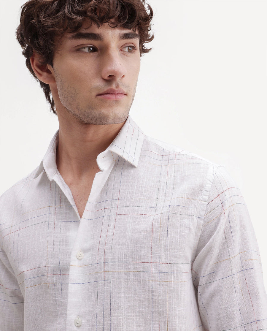 Rare Rabbit Men's Jared Off White Cotton Blend Fabric Full Sleeve Spread Collar Button Regular Fit Checked Shirt
