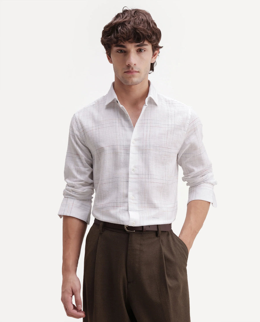 Rare Rabbit Men's Jared Off White Cotton Blend Fabric Full Sleeve Spread Collar Button Regular Fit Checked Shirt