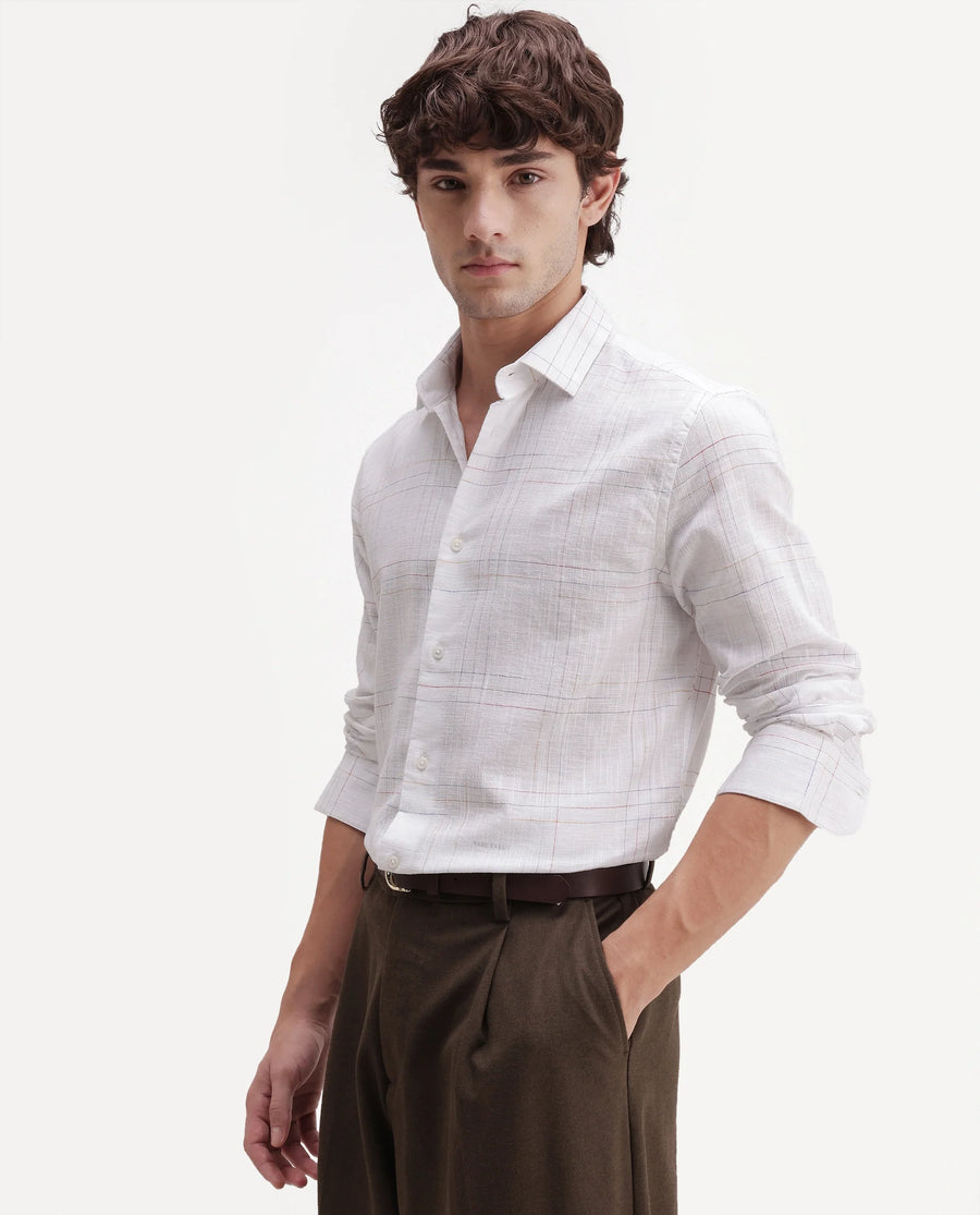 Rare Rabbit Men's Jared Off White Cotton Blend Fabric Full Sleeve Spread Collar Button Regular Fit Checked Shirt