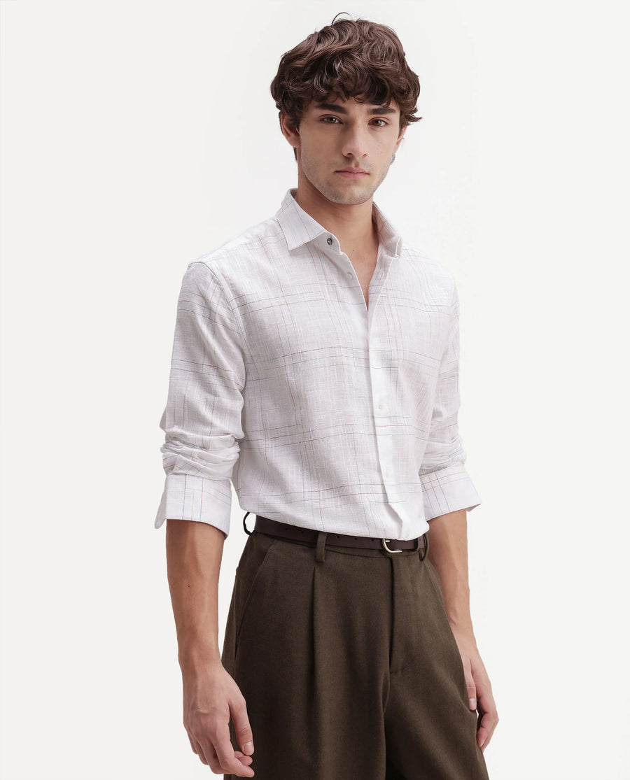 Rare Rabbit Men's Jared Off White Cotton Blend Fabric Full Sleeve Spread Collar Button Regular Fit Checked Shirt