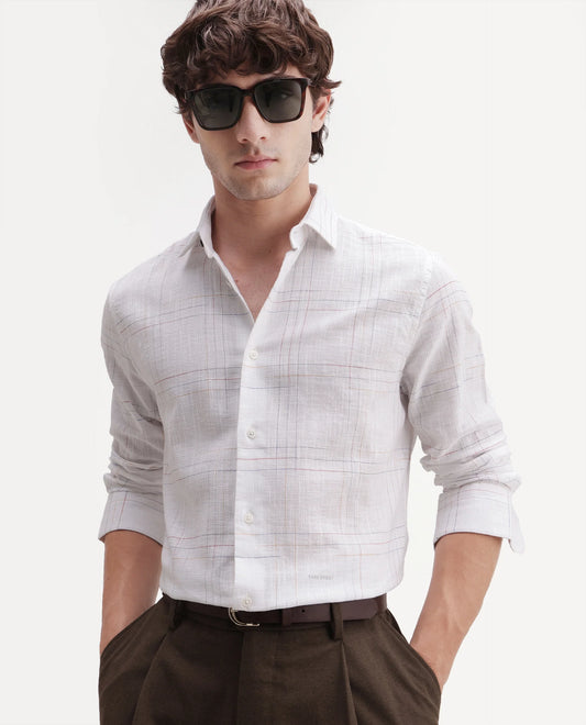 Rare Rabbit Men's Jared Off White Cotton Blend Fabric Full Sleeve Spread Collar Button Regular Fit Checked Shirt