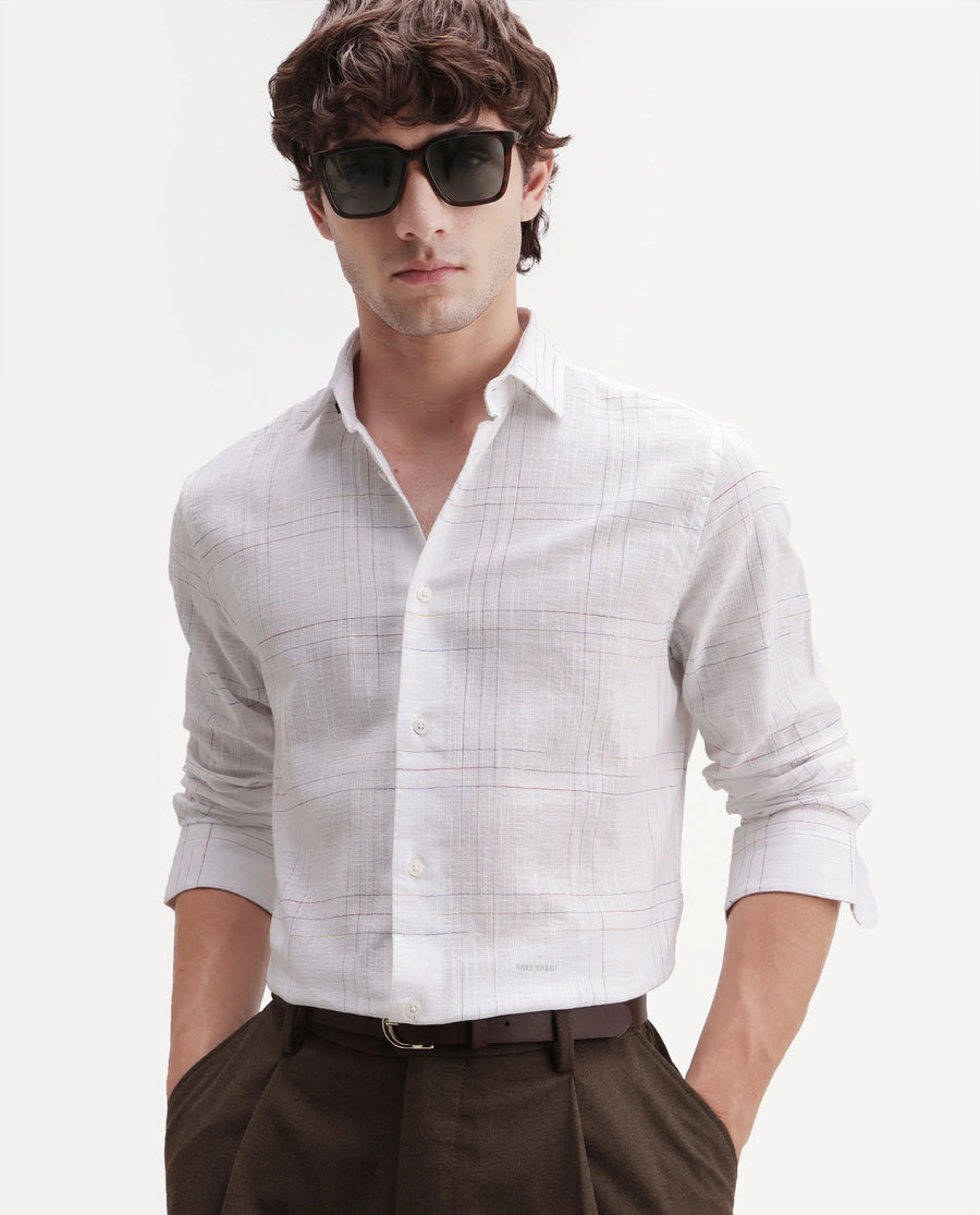 Rare Rabbit Men's Jared Off White Cotton Blend Fabric Full Sleeve Spread Collar Button Regular Fit Checked Shirt