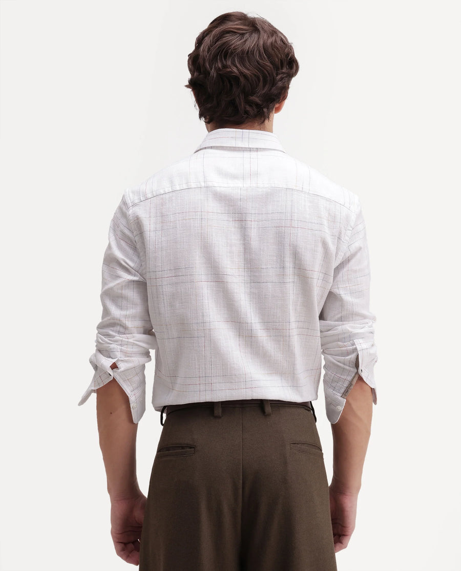 Rare Rabbit Men's Jared Off White Cotton Blend Fabric Full Sleeve Spread Collar Button Regular Fit Checked Shirt