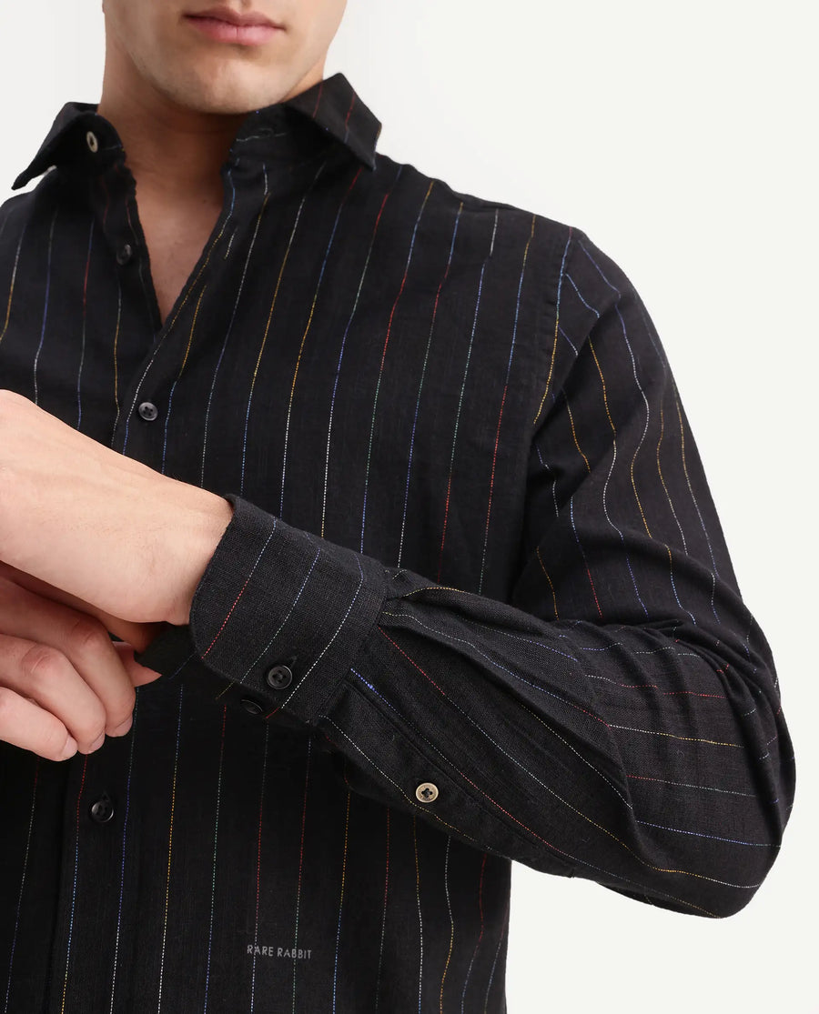 Rare Rabbit Men's Enoch Black Cotton Blend Fabric Full Sleeve Regular Fit Striped Shirt