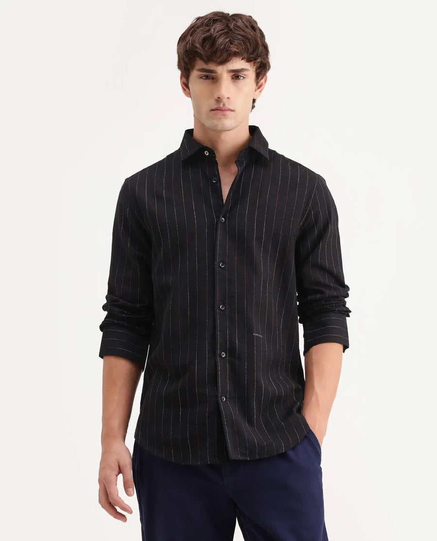 Rare Rabbit Men's Enoch Black Cotton Blend Fabric Full Sleeve Regular Fit Striped Shirt