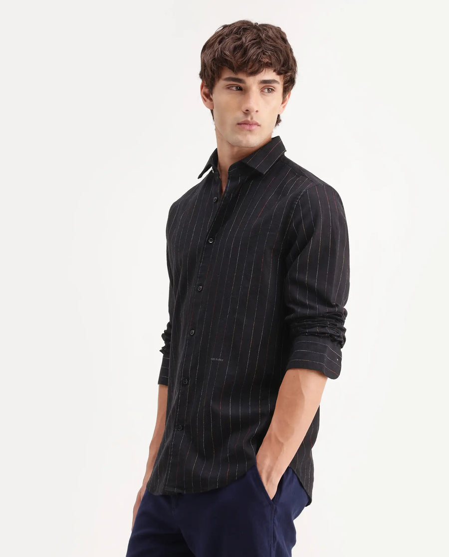 Rare Rabbit Men's Enoch Black Cotton Blend Fabric Full Sleeve Regular Fit Striped Shirt