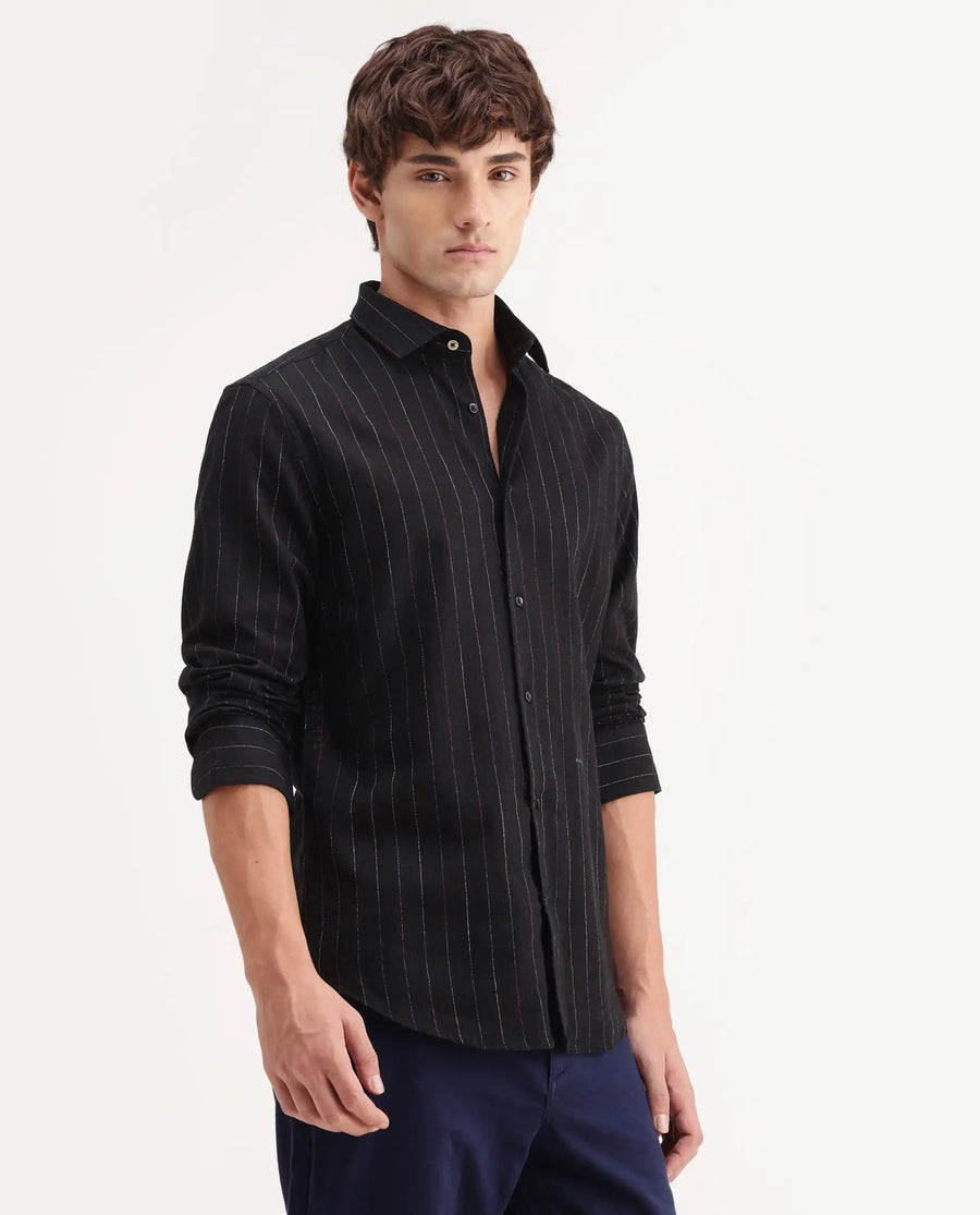 Rare Rabbit Men's Enoch Black Cotton Blend Fabric Full Sleeve Regular Fit Striped Shirt