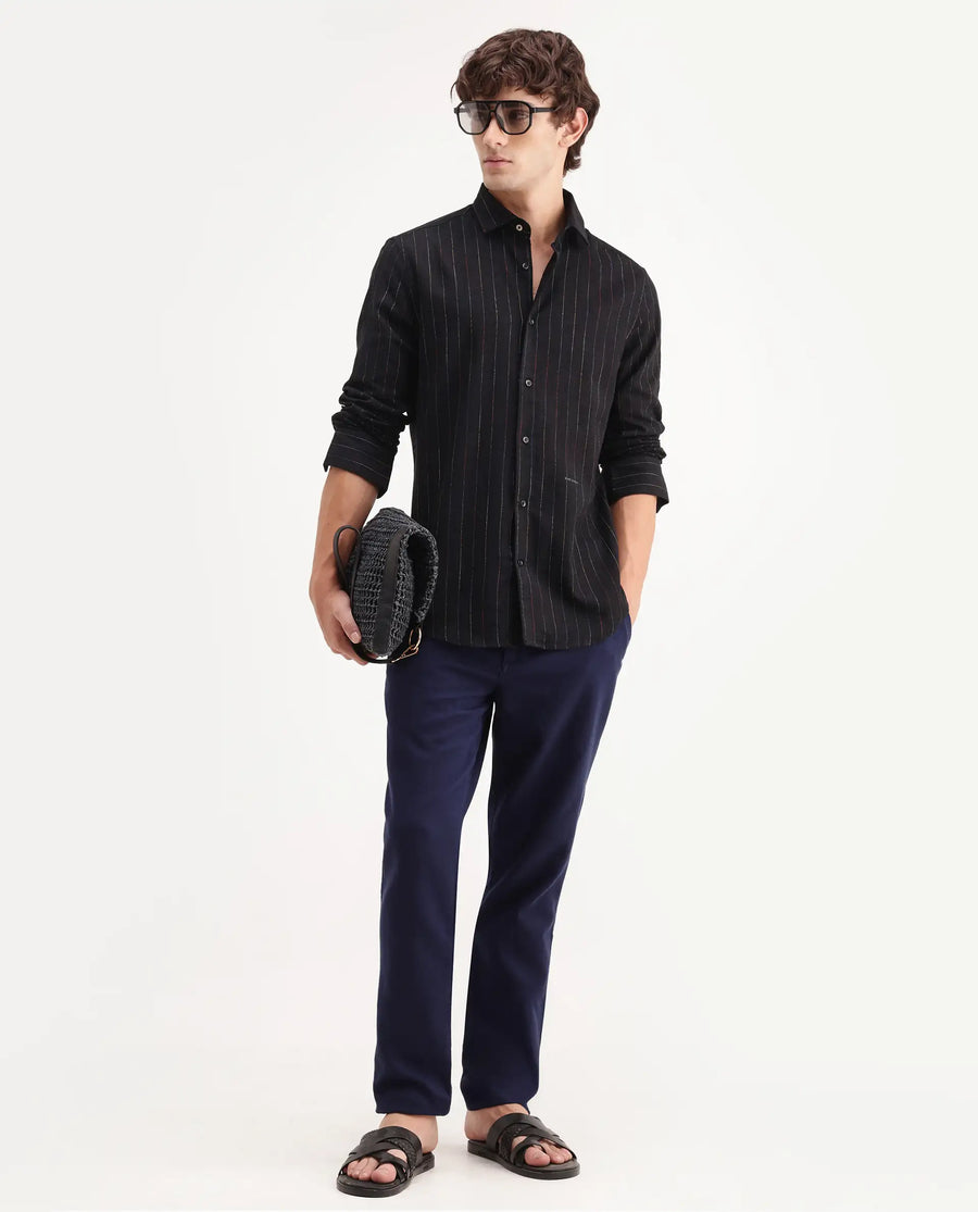 Rare Rabbit Men's Enoch Black Cotton Blend Fabric Full Sleeve Regular Fit Striped Shirt