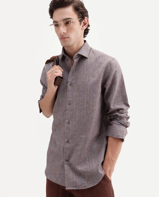Rare Rabbit Men's Terah Dusky Brown Polyester Blend Fabric Full Sleeve Regular Fit Shirt